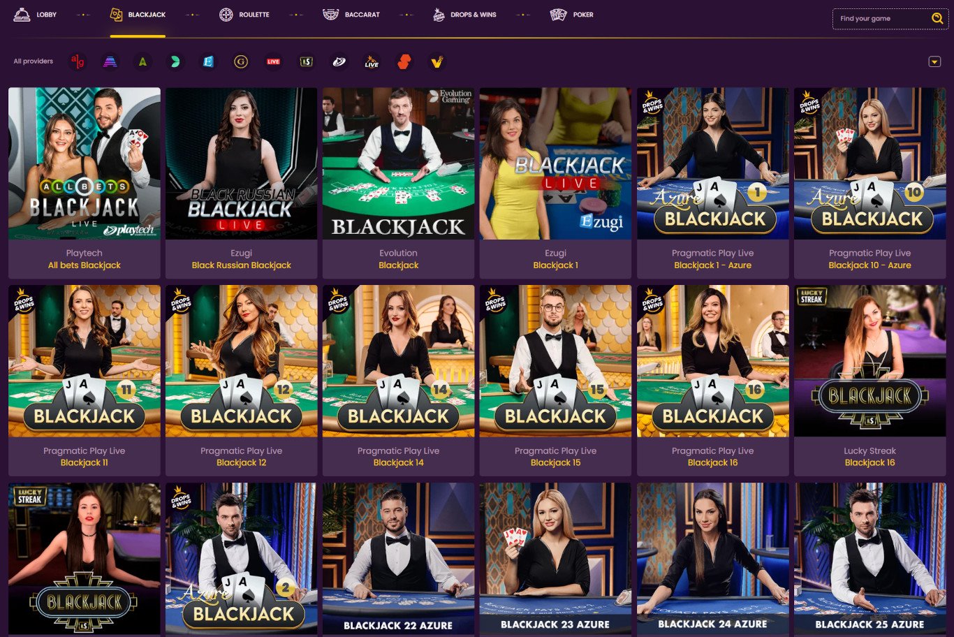 Live dealer blackjack games selection in online casino